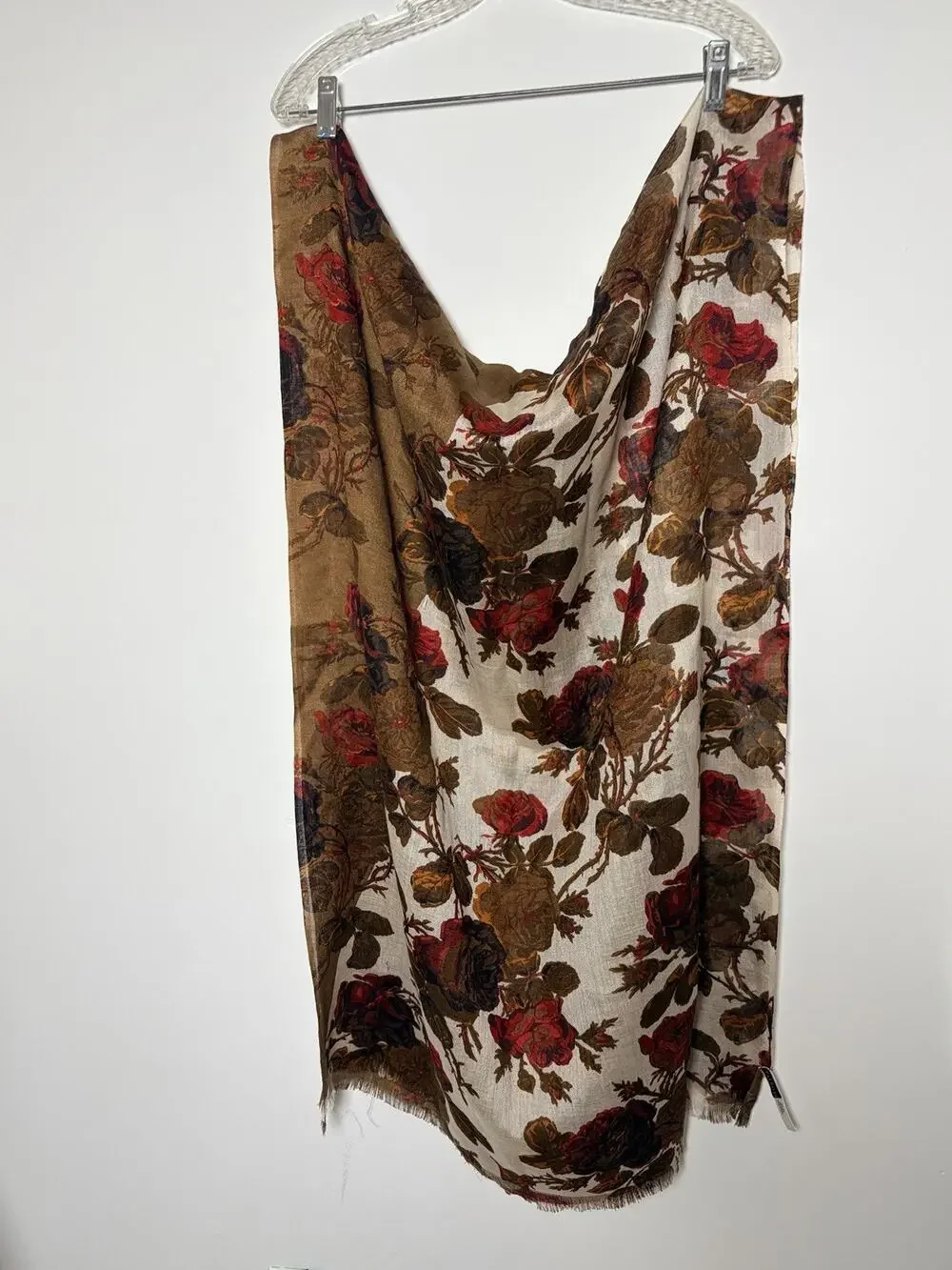 Talbots Silk Wool Blend Rose Floral Fringe Wrap Scarf Brown Red Cream Womens
